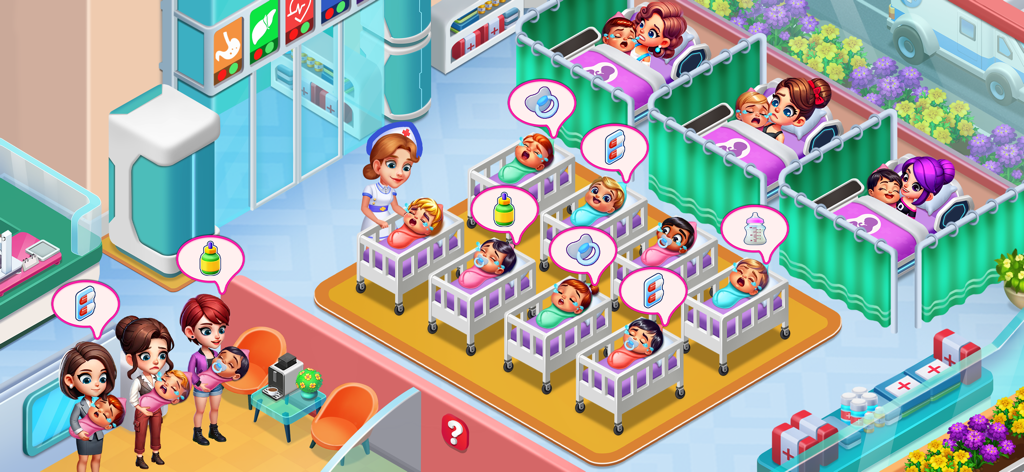 Juego de sala de maternidad mostrando enfermeras y madres cuidando bebés en una simulación de hospital.