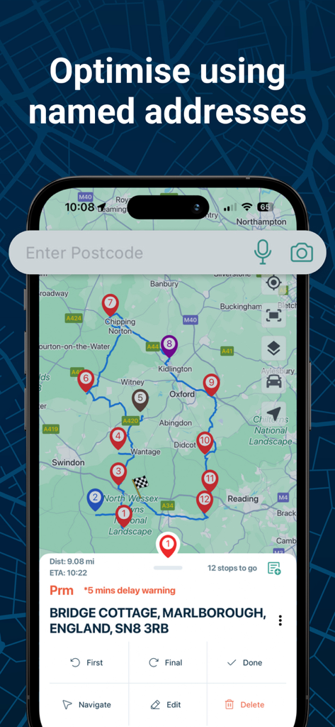 Delm8 City Navigation, Maps UK - Delm8 app screen showing a multi-stop navigation route on a map with numbered pins and address details for Bridge Cottage.