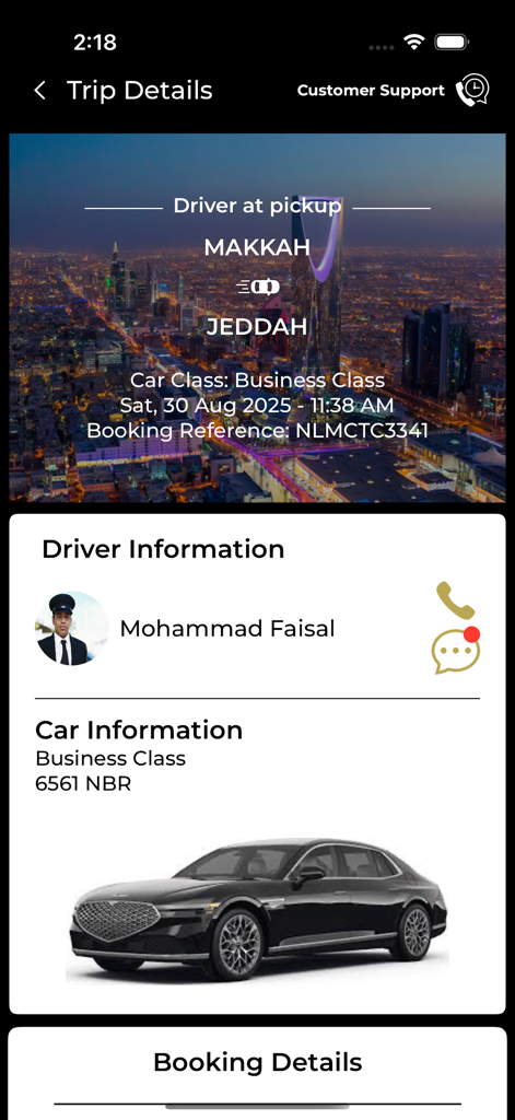 NAYLAM - Naylam app trip details screen showing driver info and a business class luxury car for a trip from Makkah to Jeddah