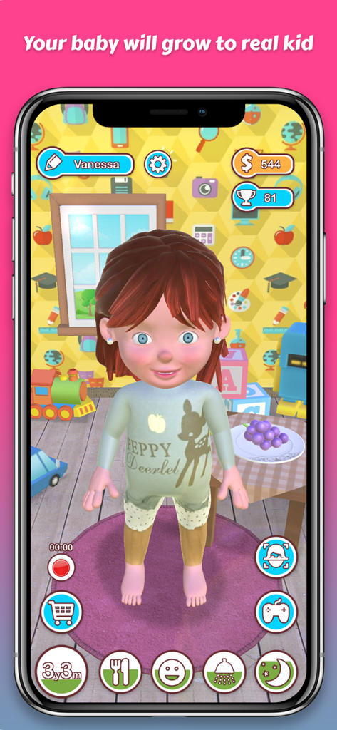 My Growing Baby (Virtual Baby) - Una captura de pantalla de la aplicación de cuidado virtual Mi Bebé en Crecimiento que muestra un personaje infantil en una sala de juegos con iconos de interacción de cuidado.