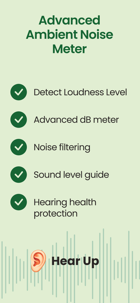 Sound Meter, dB - HearUp - List of HearUp app features including loudness detection advanced decibel meter and hearing health protection