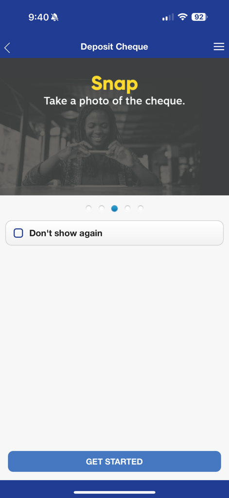 Polish Credit Union Mobile - Polish Credit Union mobile app deposit cheque screen showing instructions to take a photo of a check