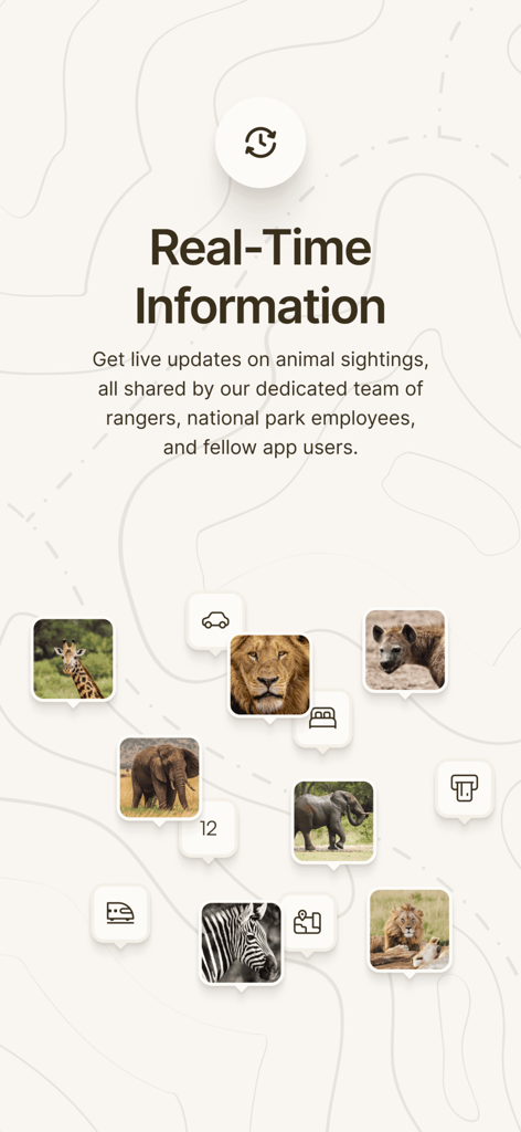 Kruger animal tracker - A visual representation of the app's real-time wildlife sighting pins on a map featuring photos of lions, elephants, and giraffes.