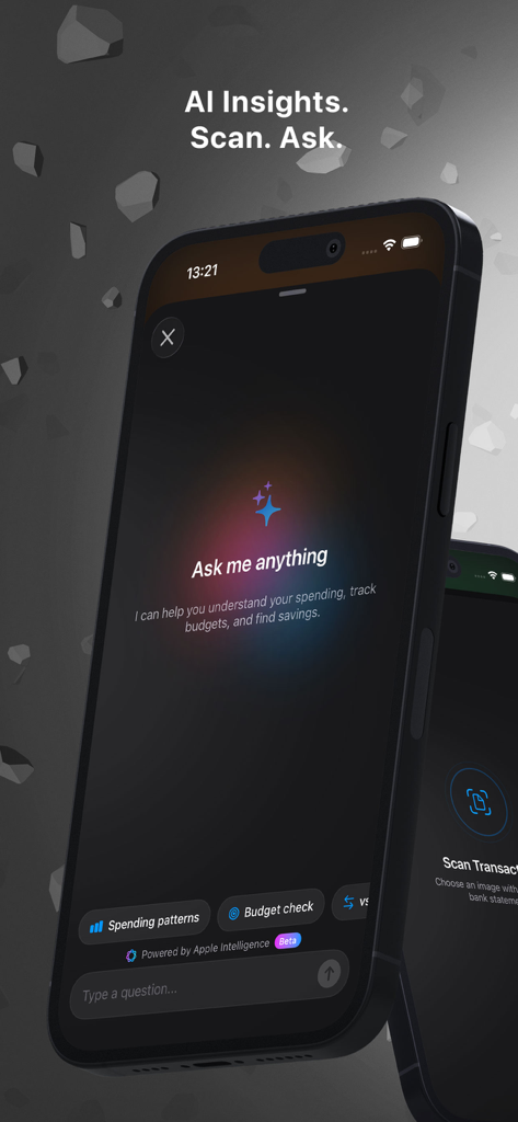 Control - your money - Interface of the AI financial assistant in the Control app showing a chat prompt for spending patterns and budget checks.
