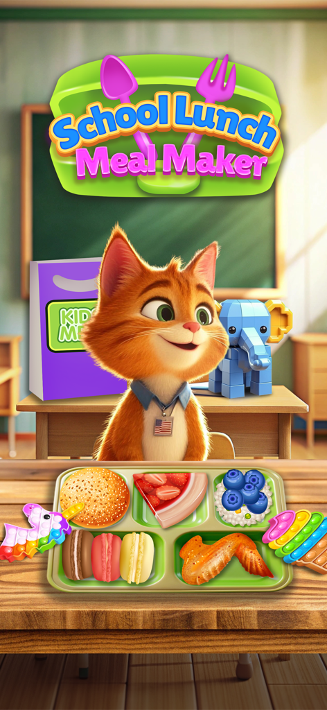 School Lunch Food Meal Maker - Um gato laranja fofo em uma sala de aula atrás de uma bandeja de almoço cheia de comida e brinquedos pop-it arco-íris.