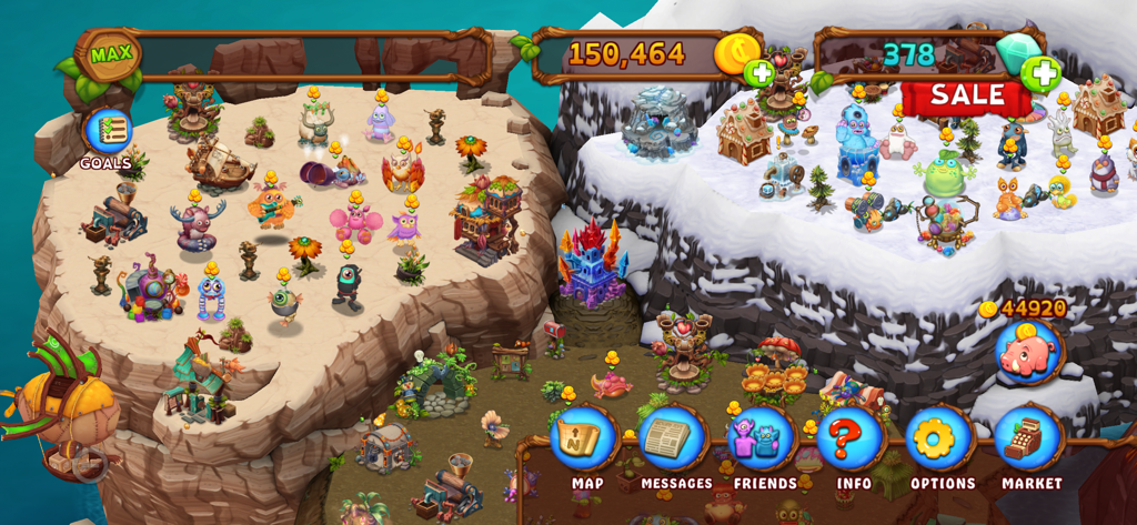 Screenshot del gameplay di My Singing Monsters Dawn of Fire con isole colorate e bizzarri personaggi mostruosi