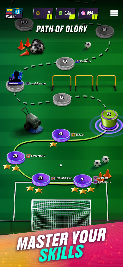 Una captura de pantalla que muestra el mapa de progresión 'Path of Glory' en FIFA Rivals con niveles y obstáculos de entrenamiento de fútbol.