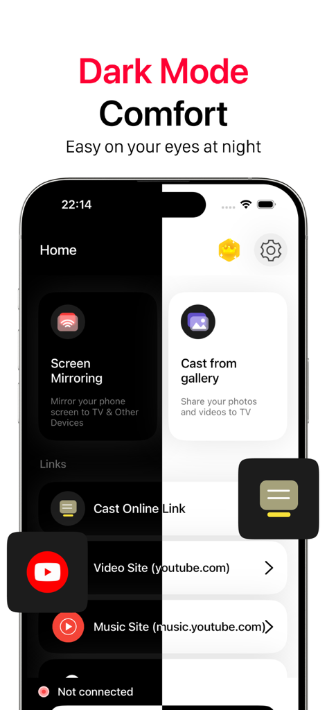 UbeCast: Music Streamer & PiP - Split screen view showing UbeCast app in dark and light modes for eye comfort at night