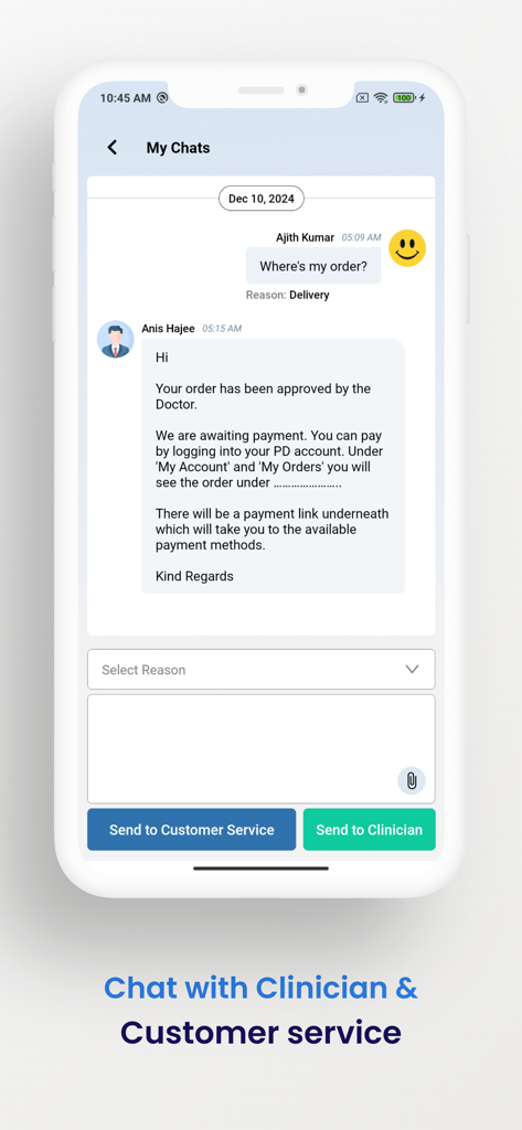 Interface de chat na aplicação para comunicar com médicos e apoio ao cliente