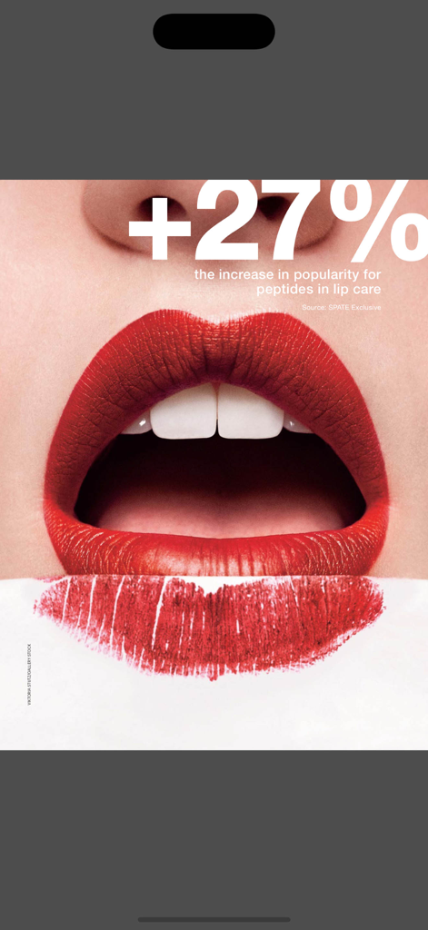 NewBeauty Magazine - Close-up of red lips with a text overlay showing a 27 percent increase in the popularity of peptides in lip care