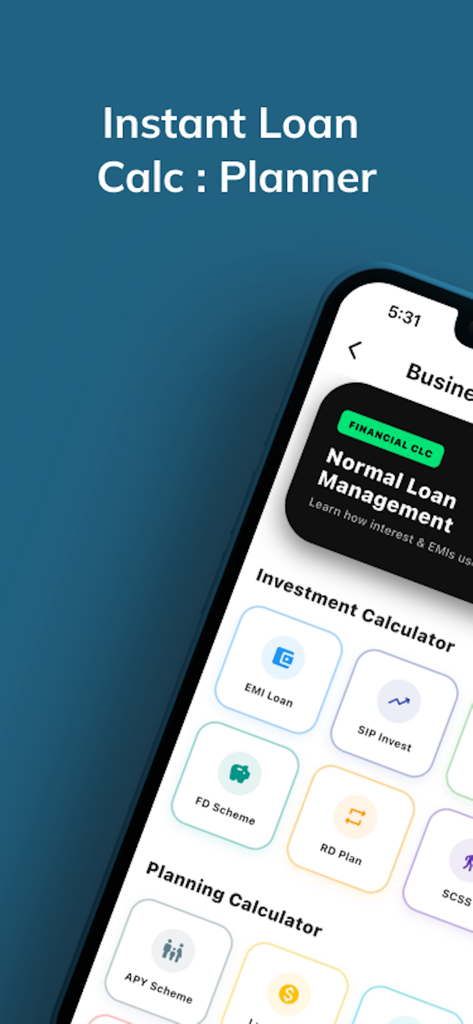 Instant Loan Calc : Planner - Interfaz móvil de la aplicación Calculadora de Préstamos Instantáneos: Planificador mostrando calculadoras de inversión y planificación
