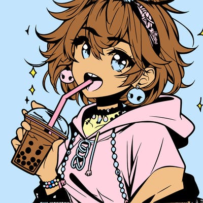 hot baddie anime girl drinking boba and biting the straw