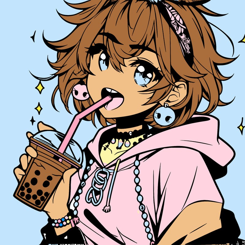 hot baddie anime girl drinking boba and biting the straw