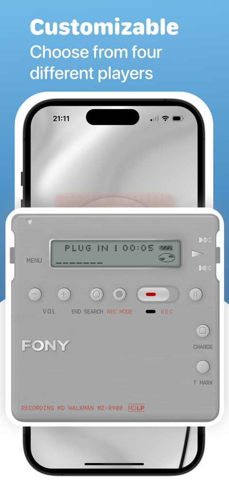 MD Player - Anpassbare silberne MiniDisc-Player-Oberfläche auf einem iPhone