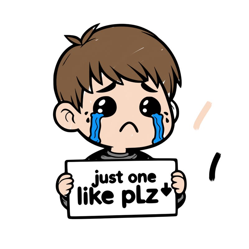 realistic crying boy with a sign saying just one like plz