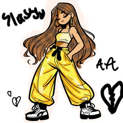 girl in baggy pants crop top and long hair