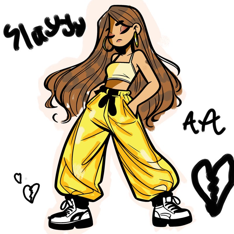 girl in baggy pants crop top and long hair