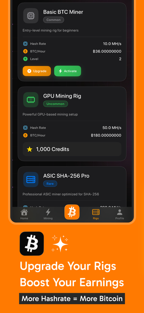Una interfaz de aplicación móvil que muestra plataformas virtuales de minería de Bitcoin con opciones para actualizar y aumentar la tasa de hash