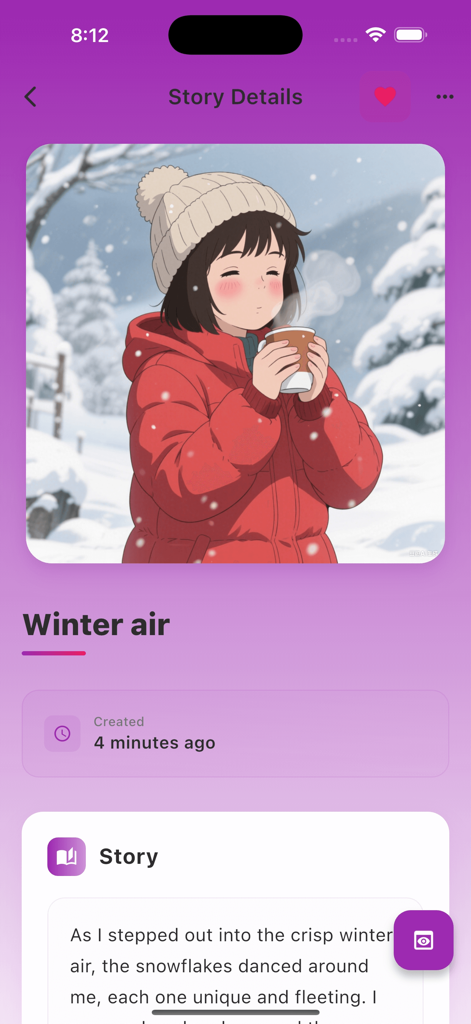 Vetto - Screenshot of Vetto app story details page showing an AI-generated narrative titled Winter air based on a winter photo illustration.