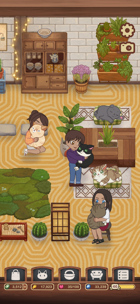 Furistas Cat Cafe - Gameplay screenshot of Furistas Cat Cafe showing customers hugging cats in a cozy decorated cafe