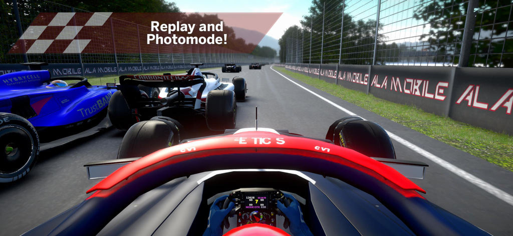 Ala Mobile - First-person cockpit view of a Formula racing car on a track in Ala Mobile featuring replay and photo mode.