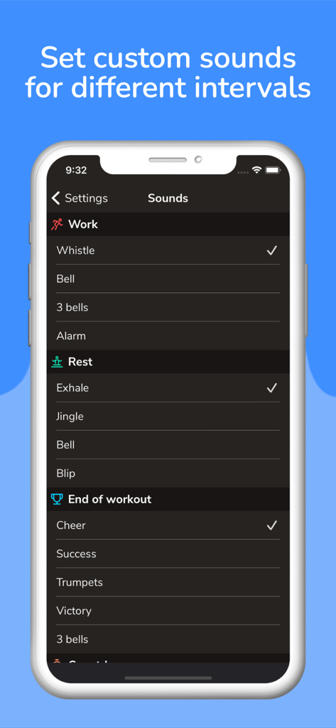 Interface showing custom sound settings for HIIT work and rest intervals