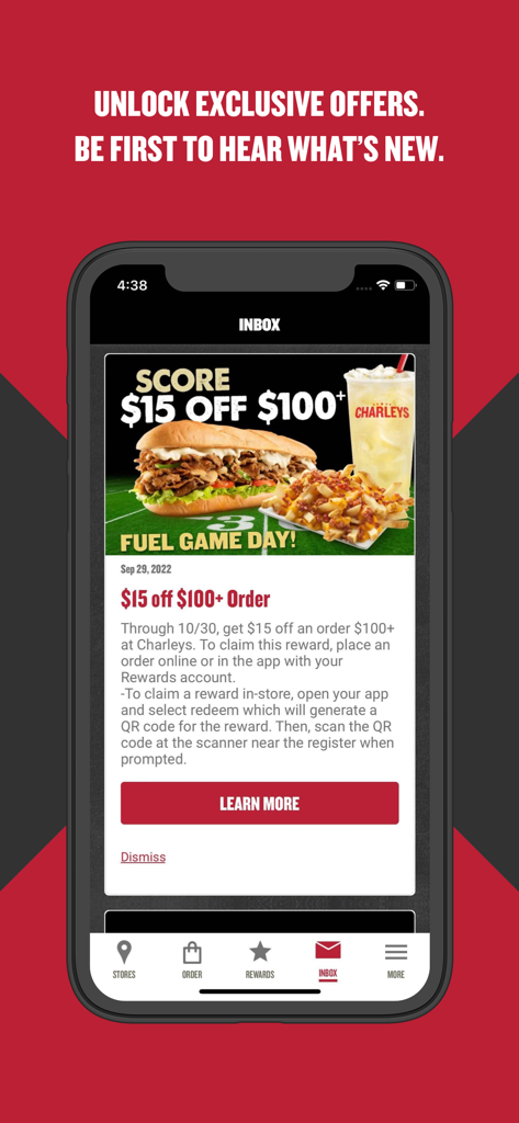 Charleys Rewards mobile app inbox screen displaying an exclusive fifteen dollar off discount offer