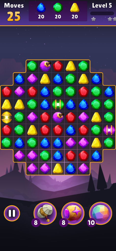 Jewel Quest - Magic Match3 - A colorful match three puzzle grid with various jewels and game boosters