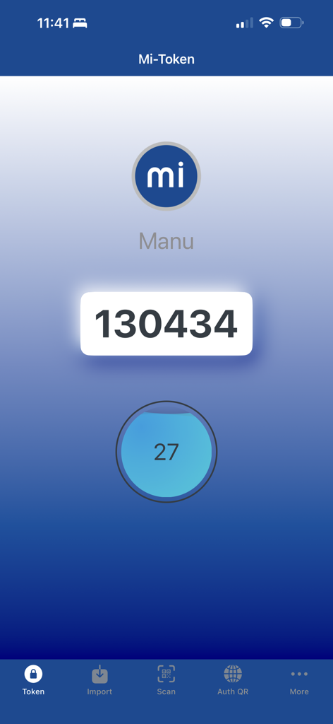 Mi-Token Authenticator app screen displaying a six digit one time password and a remaining time countdown