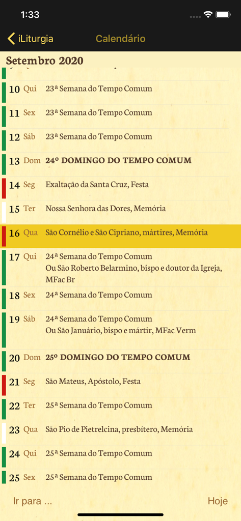 iLiturgia - Interface do aplicativo iLiturgia mostrando o calendário litúrgico católico para setembro.