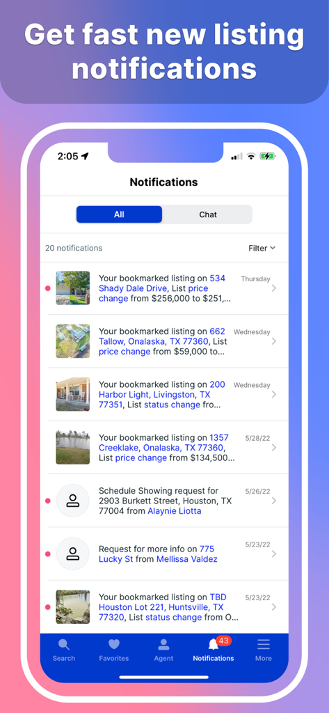 Homes And Rentals - Pantalla de la aplicación móvil HAR.com que muestra una lista de notificaciones de cambios de precio, actualizaciones de estado y solicitudes de agentes en listados de bienes raíces de Texas