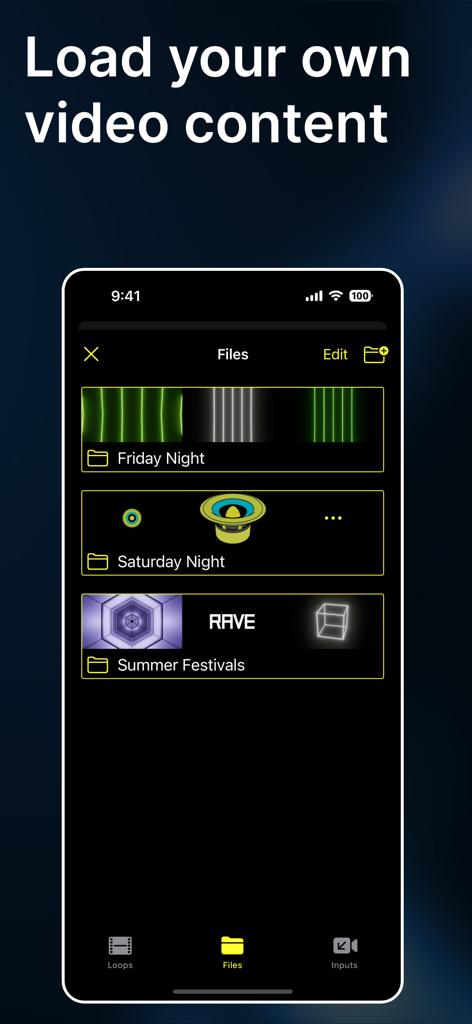 Interfaz móvil de la aplicación GoVJ que muestra carpetas organizadas para contenido de video subido por el usuario.