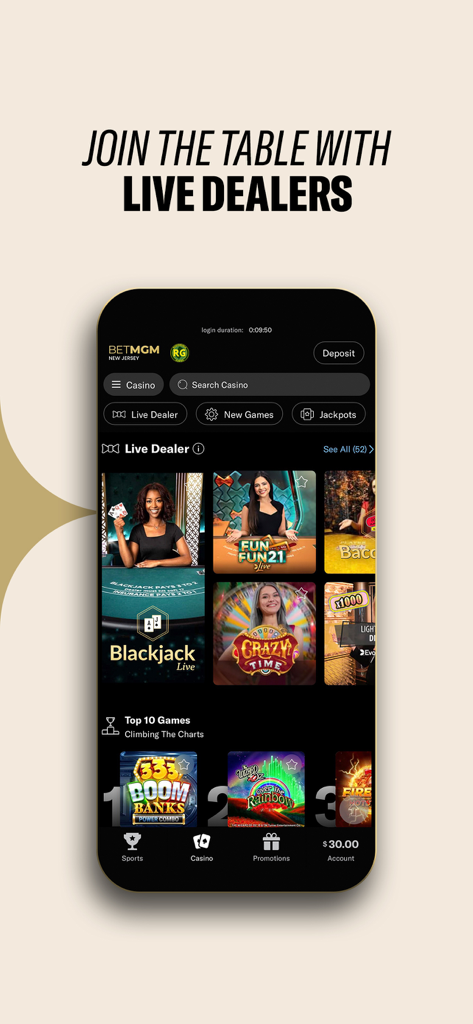 BetMGM Casino app interface showcasing live dealer table games like Blackjack and Fun Fun 21