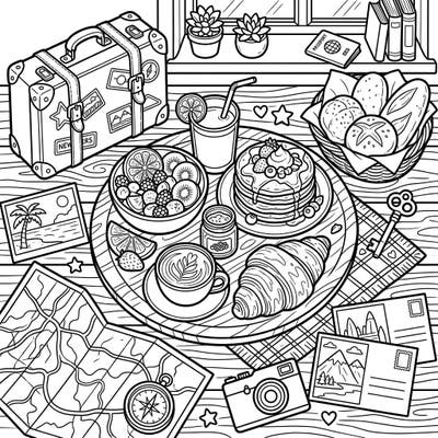 Get ready to color a delightful vacation breakfast scene, complete with pancakes, fresh fruit, coffee, and all your travel essentials. This intricate line art invites you to explore the joy of food and wanderlust from the comfort of your home.