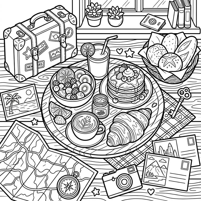 Get ready to color a delightful vacation breakfast scene, complete with pancakes, fresh fruit, coffee, and all your travel essentials. This intricate line art invites you to explore the joy of food and wanderlust from the comfort of your home.