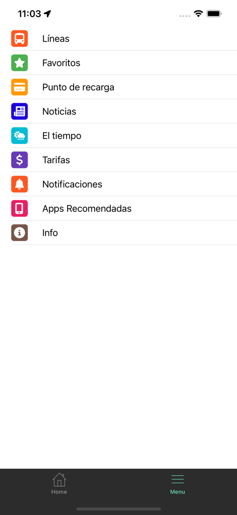 Main menu of the Bus Cádiz mobile app showing transit navigation options like bus lines, favorites, and rates.