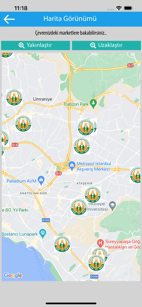 Aktüel Ürünler (Güncel) - Interface de carte dans l'application Aktuel Urunler affichant les emplacements des succursales du marché Tarim Kredi à Istanbul.