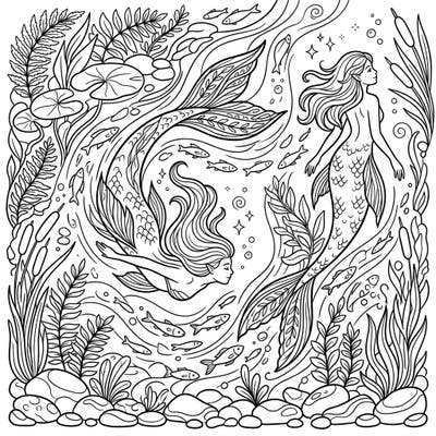 Immerse yourself in a magical underwater world with this captivating River Mermaids coloring page. Discover two graceful mermaids amidst intricate aquatic plants and playful fish, ready for your creative touch.