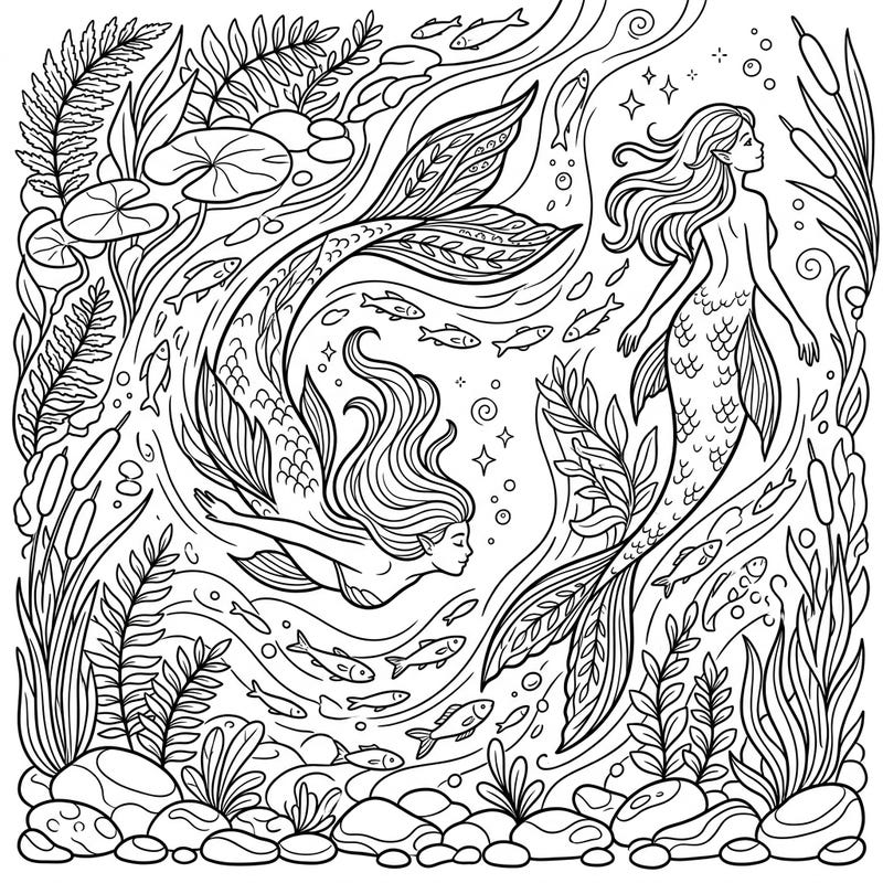 Immerse yourself in a magical underwater world with this captivating River Mermaids coloring page. Discover two graceful mermaids amidst intricate aquatic plants and playful fish, ready for your creative touch.