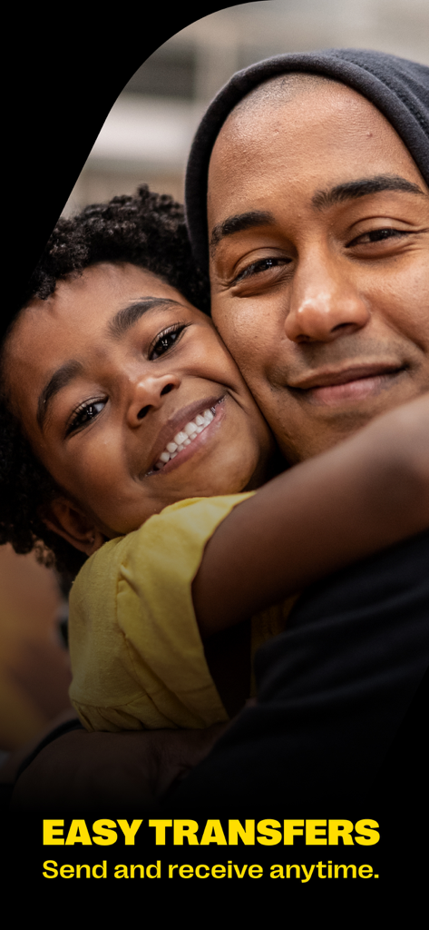 A smiling father and child hugging with text about easy money transfers