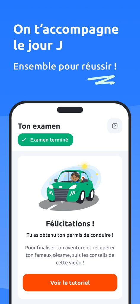 A mobile app screen displaying a congratulatory message for passing the driving exam with a cheerful car illustration.