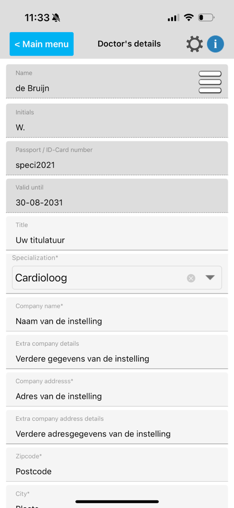 Rx whizz - A mobile app screen showing the Doctor details registration form with fields for name, ID, and medical specialization.
