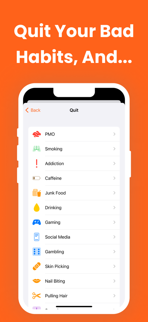 Day Counter & Tracker - Since - 禁煙、カフェイン、ギャンブルなど、追跡してやめるべき悪い習慣のリストを示すSinceアプリのインターフェース。