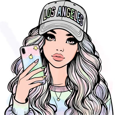 realistic beautiful girl wearing los ángeles cap holding an iphone