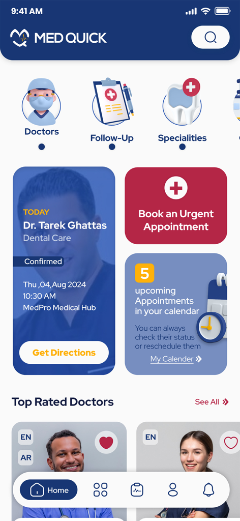 Med Quick - Med Quick app home screen featuring appointment management, urgent care booking, and top-rated doctor profiles.