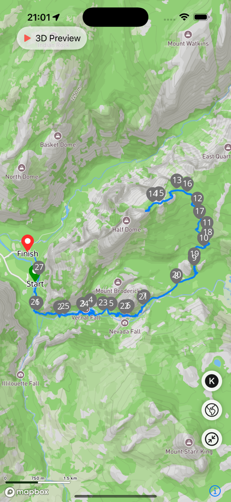 Hikely - Hike, Bike, Run - Un mapa topográfico en la aplicación Hikely que muestra una ruta de senderismo azul con marcadores de inicio y final cerca de Half Dome