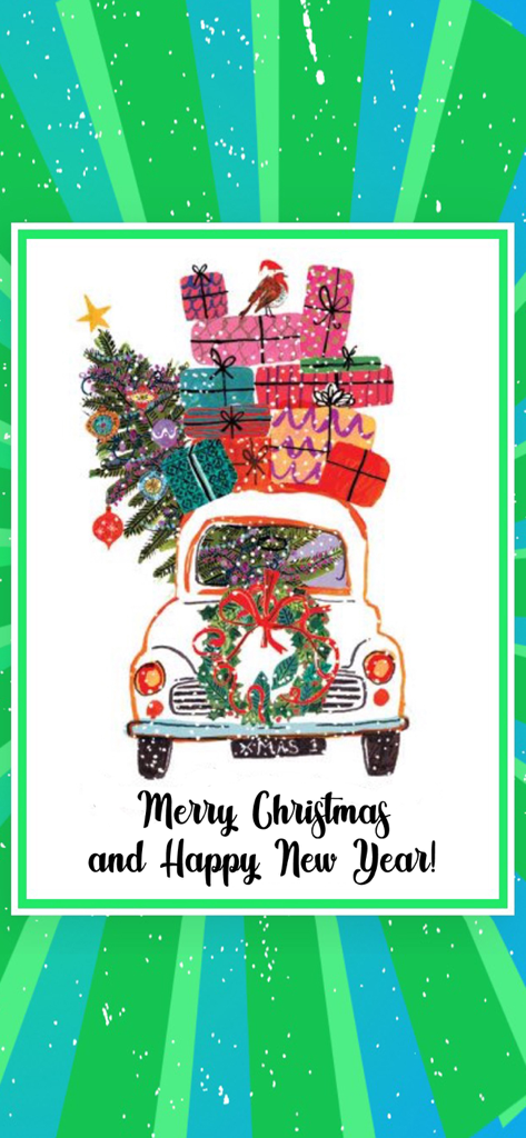 E-card de Natal ilustrado com um carro carregado de presentes e uma árvore de Natal.
