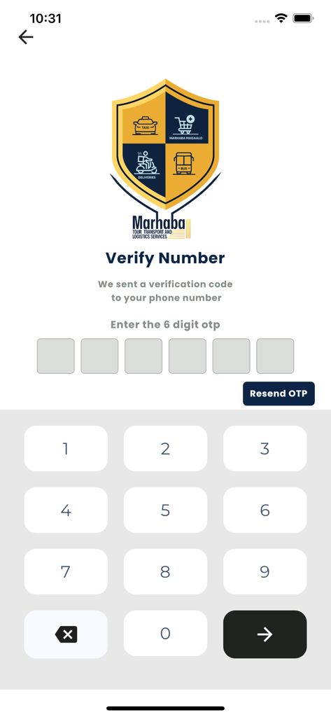 Pantalla de verificación de número de teléfono de la aplicación Marhaba Service con campos de entrada OTP y un teclado numérico.
