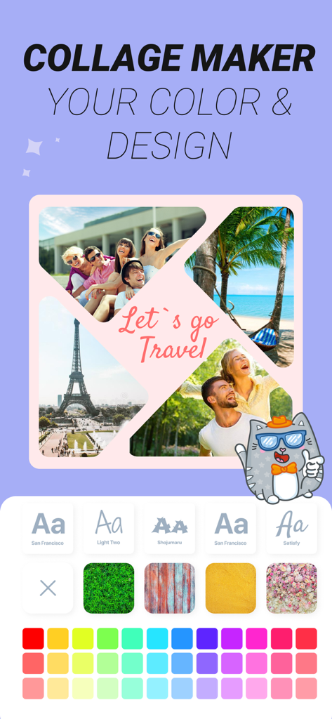 Mobile app screen for photo collage maker showing editing tools for fonts colors and background textures