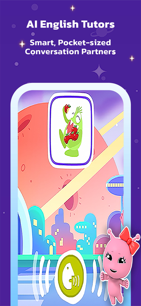 Galaxy Kids - Learning English - Galaxy Kids App-Oberfläche mit KI-Englisch-Tutoren und interaktiven Gesprächspartnern für Kinder, die Englisch lernen.